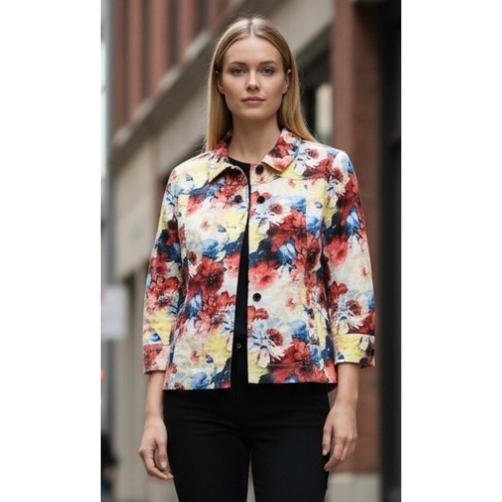 Monterey Bay Floral Print Button Front Jacket‎ Women Size 14 Cotton Blend